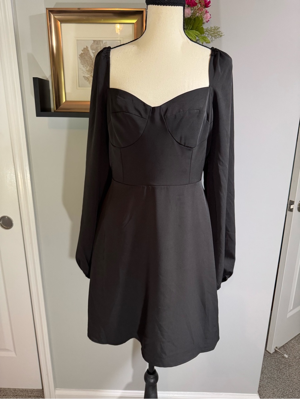 Steve Madden Black Long-Sleeve Mini Dress with Sweetheart Bodice